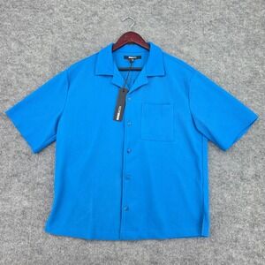 NovaMen Show Up Short Sleeve Cuban Shirt Blue Ribbed Button Down NSKT4509 Mens M